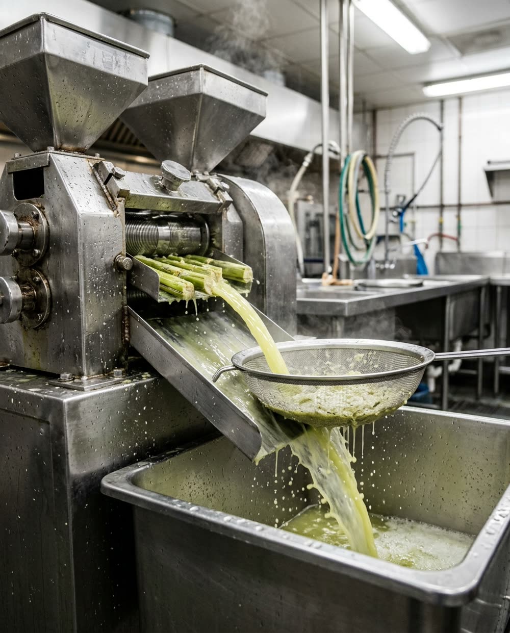 Extracción y filtrado del jugo de caña en equipo de acero inoxidable